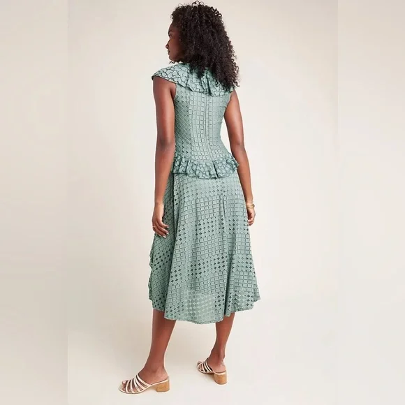ANTHROPOLOGIE Antoinette Green Ruffle Midi Lace Crochet Dress Size 16 - Picture 2 of 10